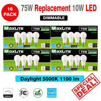 16 Pack Maxlite Dimmable LED 10W Daylight Light Bulb A19 75W replacement 5000K - Image 1 of 4
