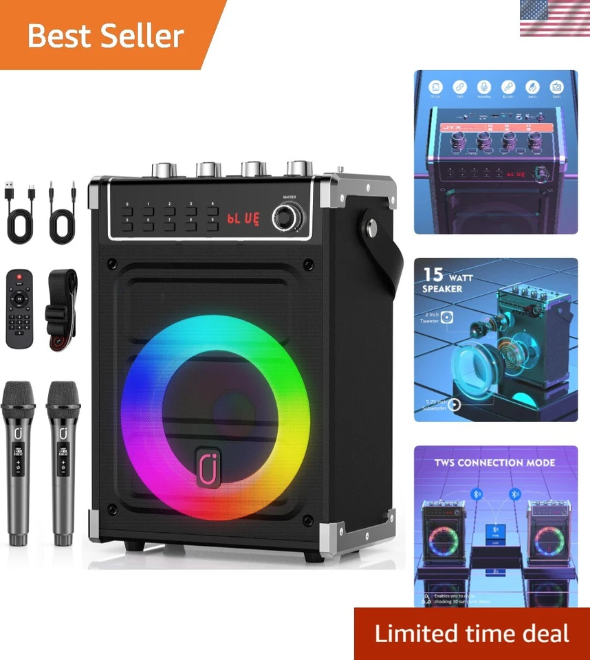 JYX Karaoke Machine with 2 Wireless Microphones Portable Bass/Treble Bluetoo...