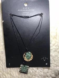 Zara Long Double String Stone Pendant Necklace Black Silver Green - Picture 1 of 6