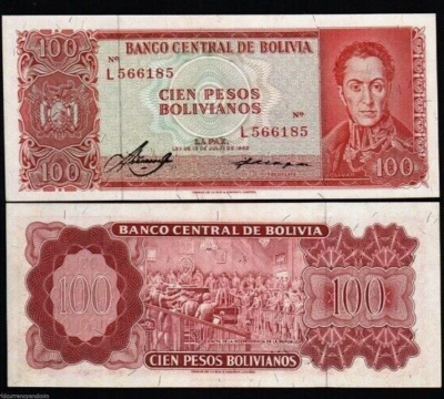 Bolivia 100 PESOS P-164 1962 x 50 Pcs Lot Bundle Blue Mountain UNC Bolivian NOTE - Image 1 of 4