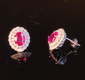 925 Sterling Silver 6x8mm Ruby Double Halo Stud Earrings Gemstone - Picture 1 of 4