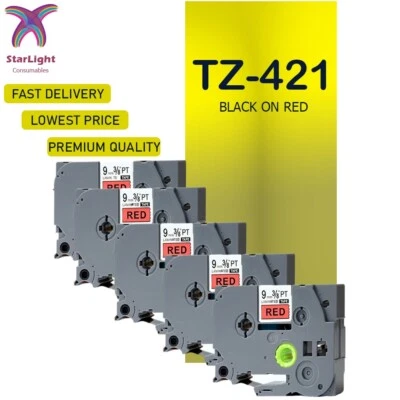 5 Label Tape Compatible With Brother Black on Red TZ421 PT- D800W E100VP P950NW - Image 1 of 4