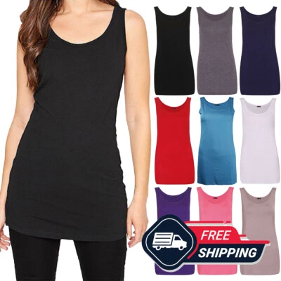 Mujeres Cuello Redondo Sin Mangas Top Damas Largo Liso Chaleco Elastizado Camiseta Reino Unido 8-26 Foto 1 de 4