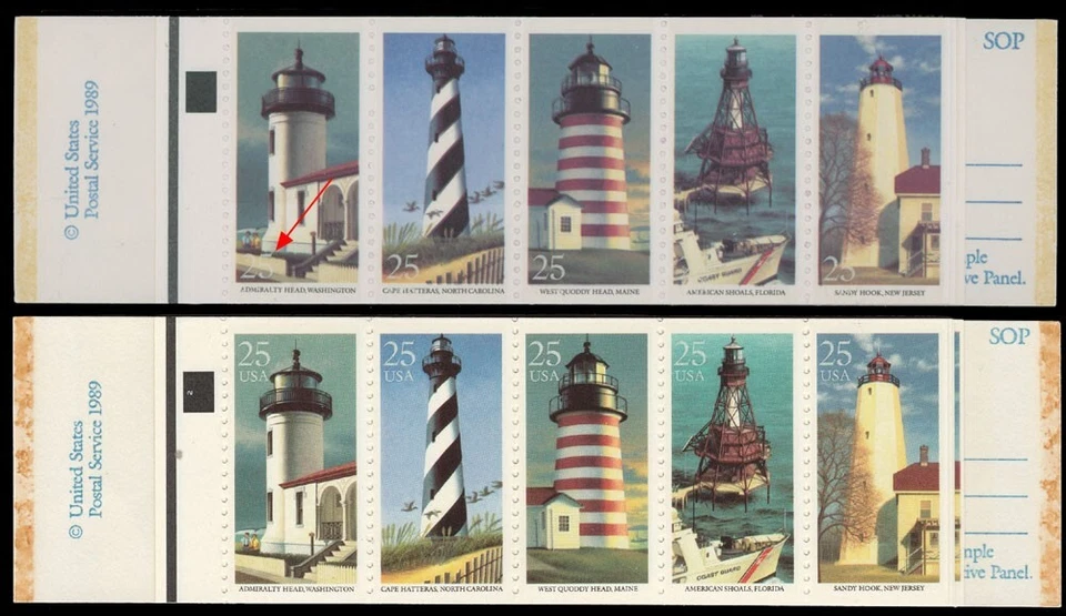 1990, US LIGHTHOUSES, ERROR $5 BOOKLET, 4 PANES W/WHITE COLOR SHIFT, SC. #2474a - Image 1 of 2