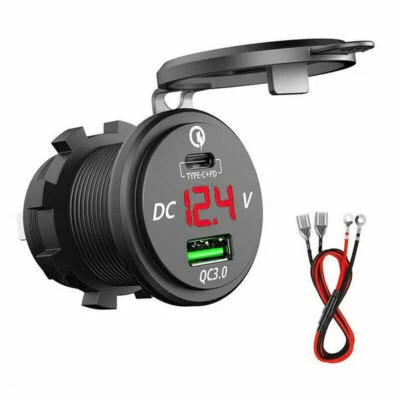 QC 3.0+PD Dual USB Socket Charger+LED Voltmeter 12V Power Outlet for Car Boat RV - Image 1 of 4