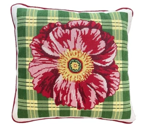 Vintage Needlepoint Pillow Poppy Flower on Green Yellow Plaid 16" signed - Picture 1 of 3