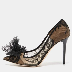 JIMMY CHOO Duchess Lace Suede Pumps 36 Black Beige Flower Pointed Toe 6 US - Picture 1 of 11