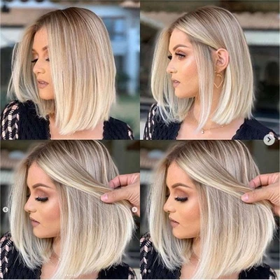 Peluca corta de pelo bob liso para mujer rubio dorado pelucas sintéticas cabello completo Foto 1 de 4