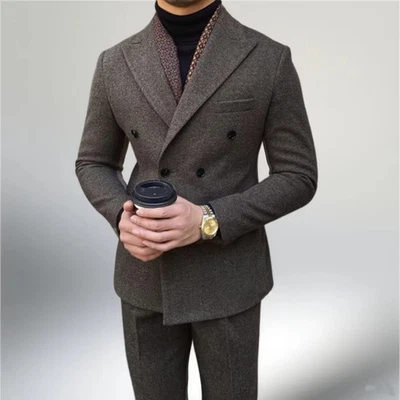 Conjunto de traje de mezcla de lana para hombre calce ajustado solapa pico ropa exterior trabajo informal doble pecho Foto 1 de 4