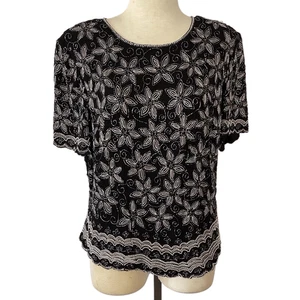Adrianna Papell Boutique Black Silver Beaded Silk Top Blouse Women’s 3X - Picture 1 of 11