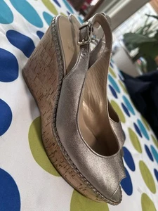 Stuart Weitzman Jean Cork Wedge Slingback Sandals (Size 8.5) Gold - Picture 1 of 12