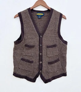 Vintage Rugby Polo Ralph Lauren Knit 100% Wool Chevron Vest Mens Sz Med - Picture 1 of 9