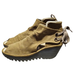 Fly London Yema Wedge Sandals 8 Tan Women Suede Leather Peep Toe Boho Hippie - Picture 1 of 23