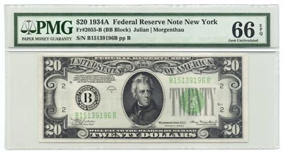 U.S. 1934-A $20 FEDERAL RESERVE NOTE. NEW YORK. FR#2055-B (BB BLOCK). PMG-66EPQ. - Image 1 of 2