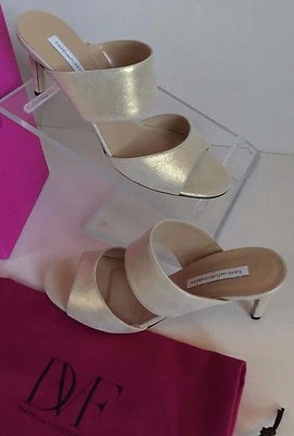 DIANE VON FURSTENBERG DVF Keri Gold Powder Suede Open Toe Strap Heel Sandals 10 - Image 1 of 4