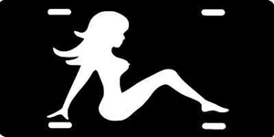 Mud Flap Girl Sexy Silhouette White Logo On Black License Plate Sign NEW - Foto 1 di 1