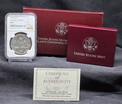 1996 D - OLYMPICS - ROWING - $1 - NGC MS70 - SILVER COIN - BROWN LABEL /w OGP - Image 1 of 4