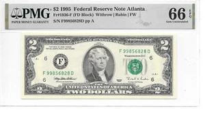 1995 $2 FRN Atlanta Harder to find FD Block PMG 66 EPQ  Gem Uncirculated - Picture 1 of 2