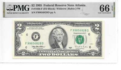 1995 $2 FRN Atlanta Harder to find FD Block PMG 66 EPQ  Gem Uncirculated - Image 1 of 2