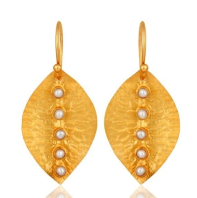 Leaf With Gemstone Earrings Yellow Gold Plated Multi Pearl Dangle Brass Stud - image 1 of 3