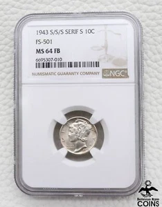 1943 S/S/S Serif MERCURY DIME Coin NGC MS64 FB FS-501 Finest Knows Variety! - Picture 1 of 5