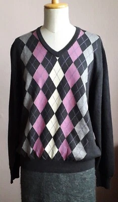 BENIGNI ITALY MAGLIONE MAGLIA TG L LANA MERINO GRIGIO/VIOLA ROMBI SCOLLO A V - Immagine 1 di 4
