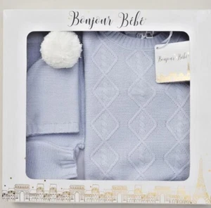 BABY NIÑO ESPAÑOL CONJUNTO DE PUNTO AZUL POM POM PRAM REGALO EN CAJA NIÑOS RECIÉN NACIDOS - 6M - Imagen 1 de 3
