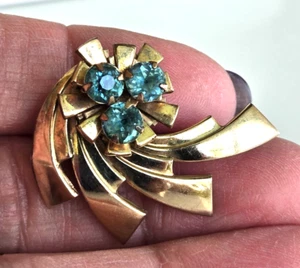 Vintage Louis Stern LSCO Gold Filled Aqua Rhinestone Watch Holder Pin 1-3/8" - Picture 1 of 6