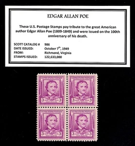 1949 - EDGAR ALLAN POE - Vintage Mint -MNH- Block of Four Postage Stamps - Picture 1 of 1