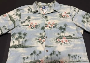 RJC Hawaiian Shirt Button Up Sz L Diamondhead Plumeria Flowers Palm Trees - Picture 1 of 7
