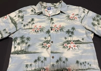 RJC Hawaiian Shirt Button Up Sz L Diamondhead Plumeria Flowers Palm Trees - Image 1 of 4