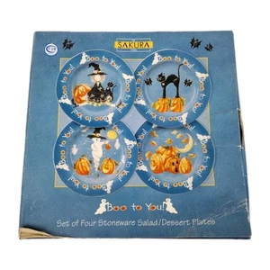 Y2K Kathy Hatch Halloween Steinzeug 4 Salat-/Dessertteller - Boo to You Neu im Karton Katze - Bild 1 von 9