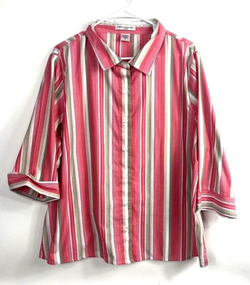 Women's Rebecca Malone Collared Pink White Beige Stripe 3/4 Casual Sleeve Sz 2X - Image 1 of 4