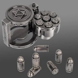 CZYY Metal Polyhedral Bullet Dice Set of 7 with Spinning Revolver Silver - Picture 1 of 8