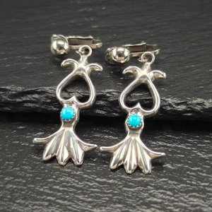 Southwest Blue Block Turquoise Sandcast Clip On Dangle Sterling Silver Earrings - Picture 1 of 10