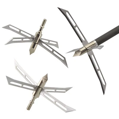 Archery Hunting Arrowheads 4 Blade Broadheads Large Cut Bow Crossbow Screw Point - Image 1 of 4