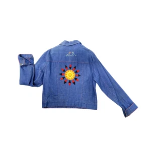 Vintage 70er 70er Neuheit kitschig handbestickt Sonne Erdbeere Taube Jeansjacke - Bild 1 von 4