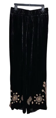 Calça Johnny Was M Heidi Feminina Veludo Preto Bordado Perna Larga Palazzo $318 - Imagem 1 de 4