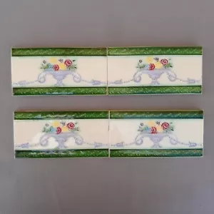 antique orig. unused majolica floral ceramic JAPAN DK border tile 4pcs lot 6x3" - Picture 1 of 7
