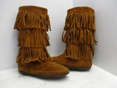 Minnetonka Brown Leather Triple Fringe Boots Moccasins Womens Size 8 Style 1632 - Image 1 of 4
