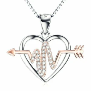Women's 925 Sterling Silver Love Heart Cupids Arrow Necklace Cubic Zirconia Gift - Picture 1 of 5