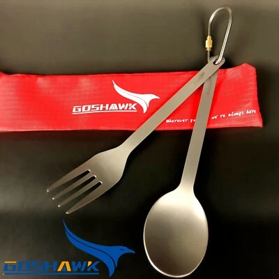 Tenedor cuchara titanio puro 2 en 1 mochilero con bolsa 210T Foto 1 de 4