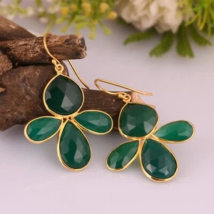 Four Leaf Green Onyx 18k Gold Plated Earring 925 Sterling Silver Hook Earrings - Picture 1 of 7