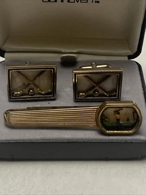 Gemelos de colección con tema de golf SWANK madreperla y esmalte clip de barra de corbata Foto 1 de 4