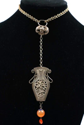 Antique Chinese Silver Vase Needle Holder Case W Carnelian Stone Pendant Jewelry - Image 1 of 2