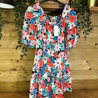 Mini Vestido Papaya Negro Floral Cuello Fruncido Flotante De Gran Tamaño Talla 8 Foto 1 de 4