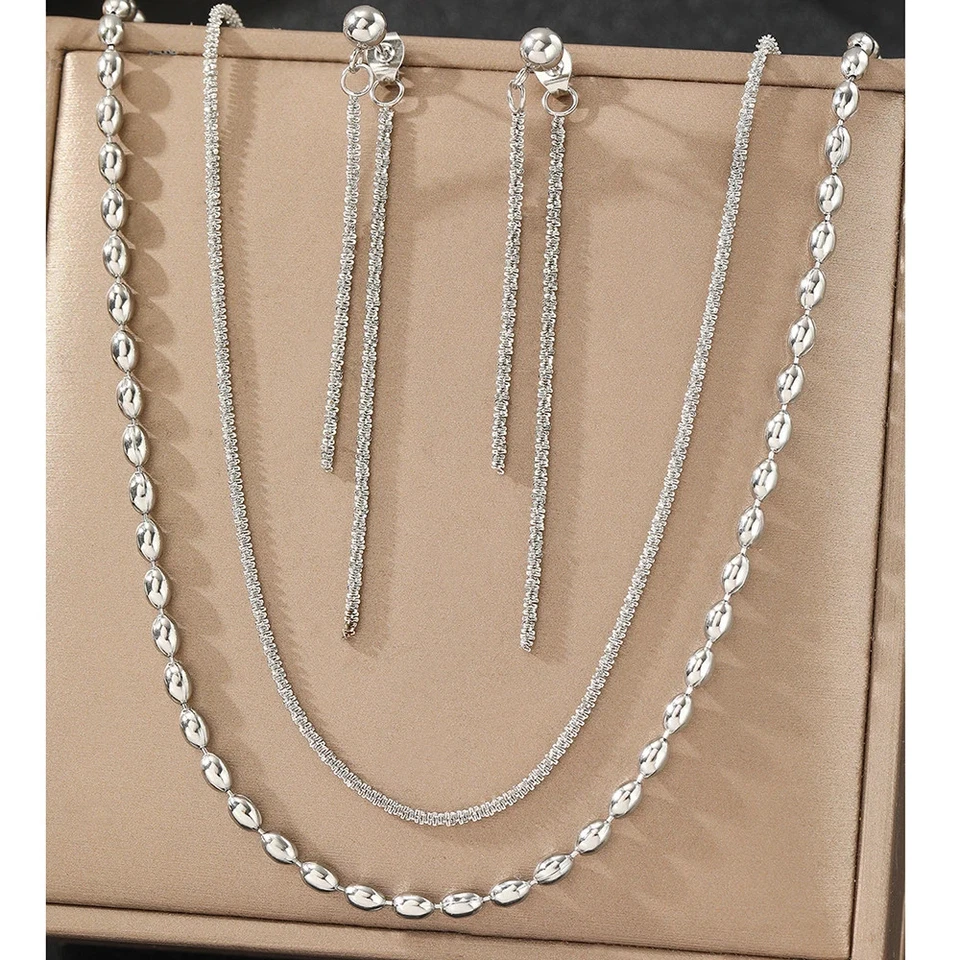 Edelstahl Schmuck Set Damen Ohrringe Halskette Perlen Geometrisch Modisch - Bild 1 von 1