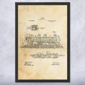 Steam Locomotive Patent Wall Art Poster, Canvas or Framed Railroad Engineer - Picture 1 of 15