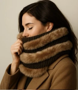 Surell Faux Fur Knit Infinity Scarf Brown Tan Plush Loop Snood - Picture 1 of 7