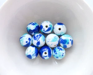 10 Blue White Ceramic Beads Paint Splatter Jewelry Making Craft Vintage Loose - Picture 1 of 2